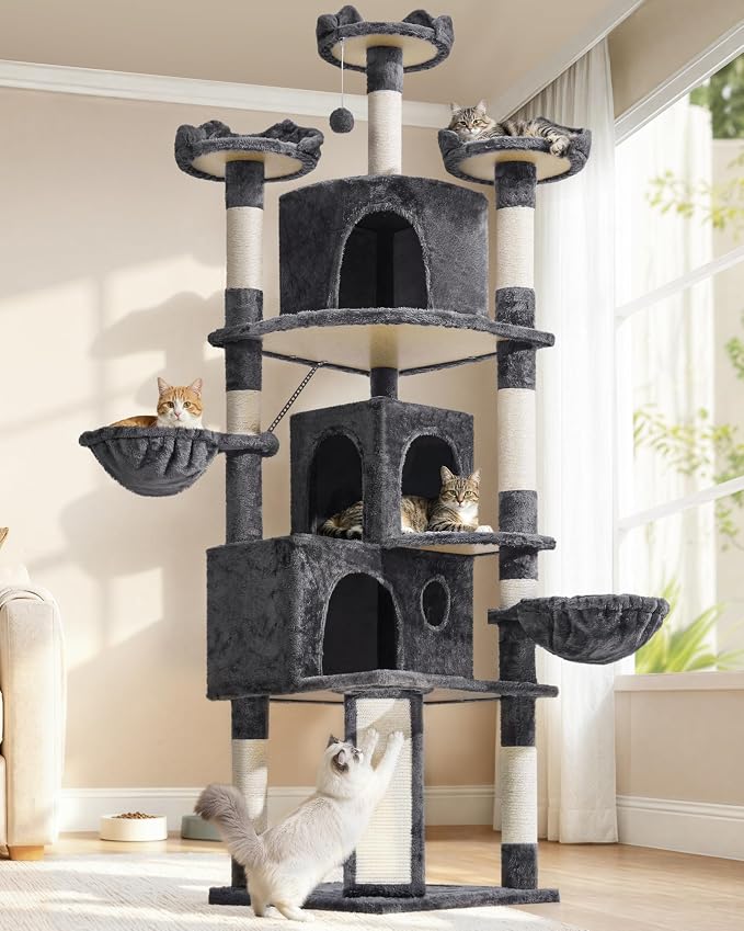 Yaheetech krabpaal voor katten - 3 kattenhuisjes - 194 cm hoog - donkergrijs