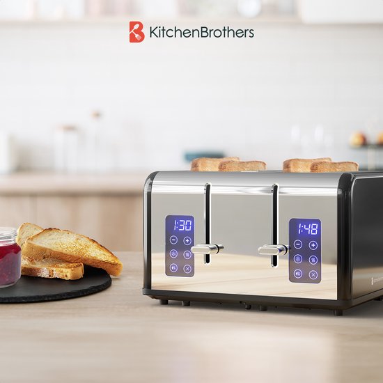 KitchenBrothers Broodrooster - Toaster - 6 Warmteniveaus - 4 Extra Brede Sleuven - Touch display - 1630W - RVS/Zwart