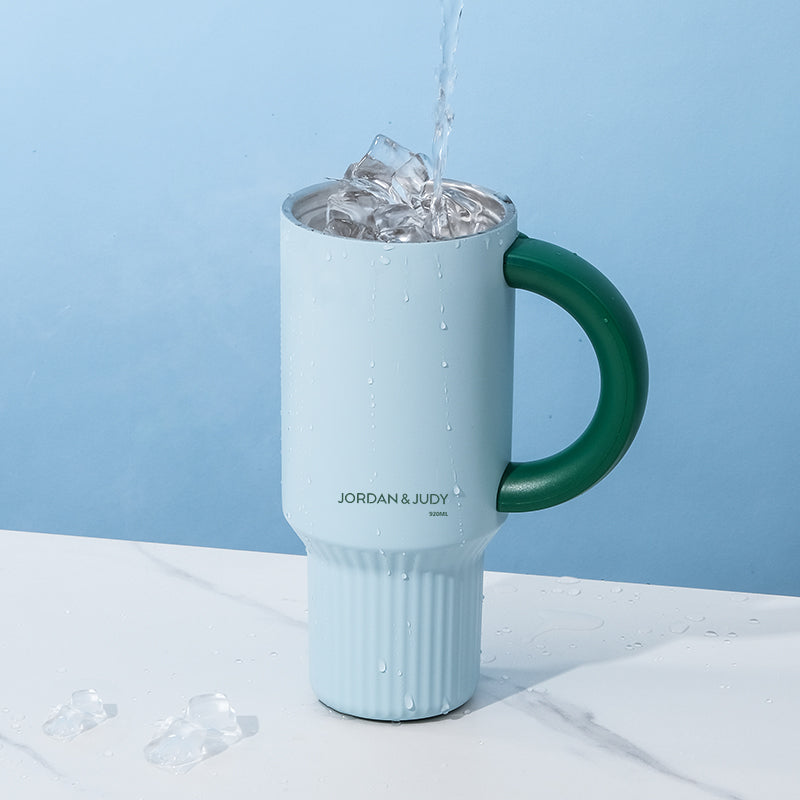 JORDAN&JUDY Subor dubbelwandige stalen beker met rietje, waterbeker voor in de auto, hoogwaardige ijscup groen (920ml)