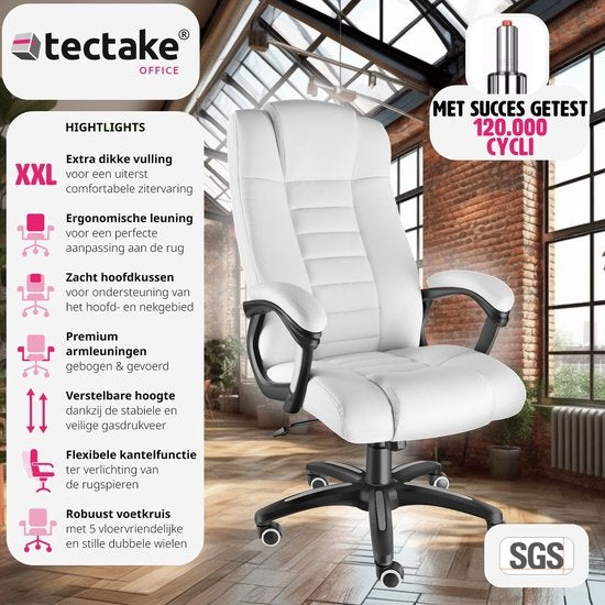 tectake® - Luxe directie Bureaustoel Burostoel Kantoorstoel - kunstleer - wit