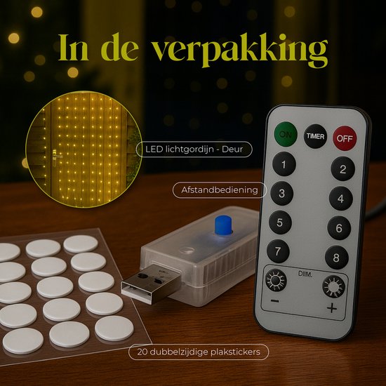 Giftmas Lichtgordijn – 200 LED’s Warm Wit – 1x2M – Voor Deur of Doorgang – Binnen en Buiten– Afstandsbediening – Sfeerverlichting - Kerstverlichting