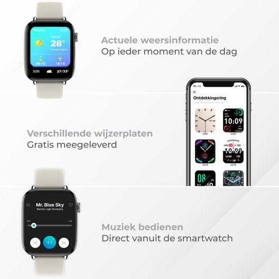 Nuvance - Smartwatch Heren & Dames met Bluetooth - IP68 Waterdicht - Geschikt voor alle Smartphones - Stappenteller en Hartslagmeter - Zilver