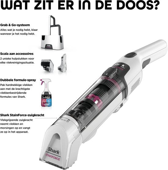 Shark StainForce Draadloze Handzame Vlekkenverwijderaar met draagcaddy, spleetopzetstuk en krachtige spray voor vloerbedekking, vloerkleden, bekleding van meubels en autobekleding - HX100EUT