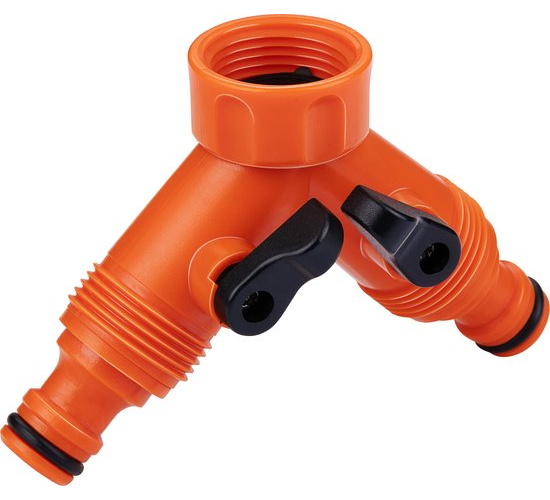 BLACK+DECKER Dubbel Kraanstuk Tuinslang - Tuinslang Koppeling - 3/4" Kraanaansluitingen - Geïntegreerde Waterstop - Waterstroom Reguleren - Kunststof - Oranje/Zwart