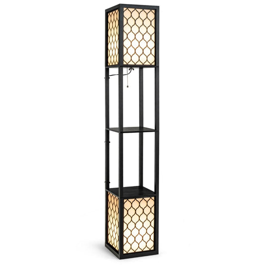 Coast Moderne Vloerlamp met Twee Lagen Houten Plank & Witte Lampenkap - 26 x 26 x 156 cm