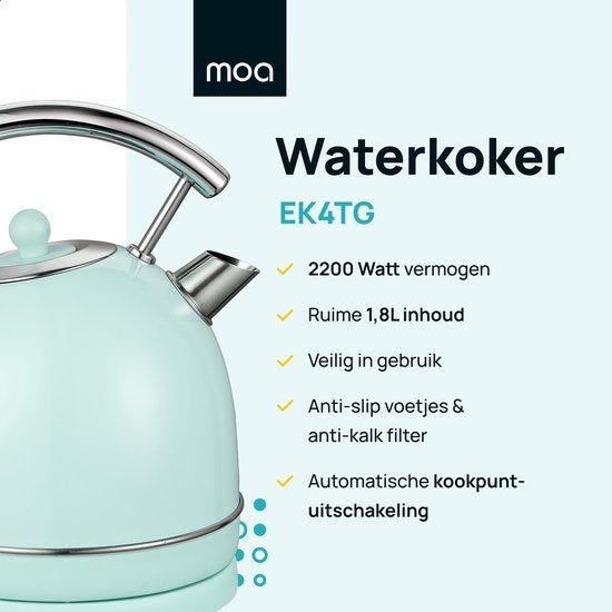 MOA Waterkoker Retro - 1.8L - RVS - BPA vrij - 2200W - 21.30x21.40x28.60 cm - Pastel Groen