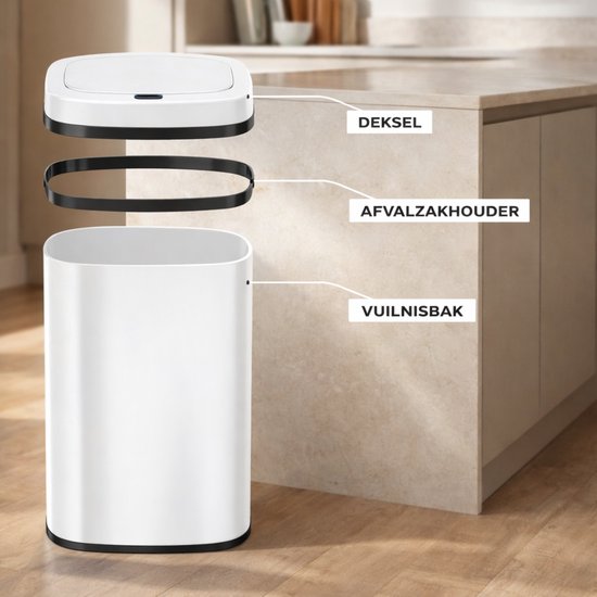 Bayt Prullenbak - Prullenbak 60 Liter - Vuilnisbak - Afvalbak - Metaal - Wit