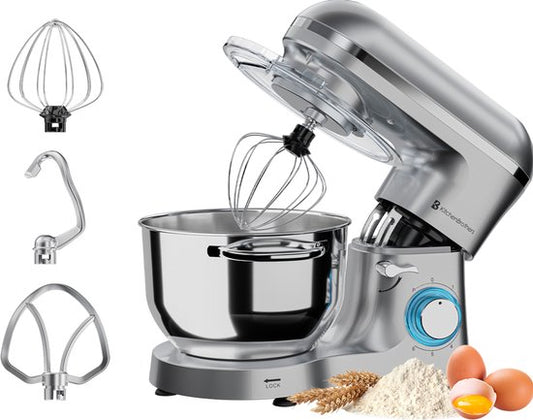 KitchenBrothers Keukenmachine - Keukenrobot - 6,2L - Mixer met Mengkom - Keukenmixer - 2000W - Zilver