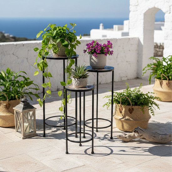 AXI Lola Mozaïek Plantentafel Rond Ster Grijs/bruin - Set 3 stuks – Bijzettafels - Diverse Afmetingen - Mozaïeklook – Ingelegd met keramische tegels – Voor binnen, tuin, terras en balkon