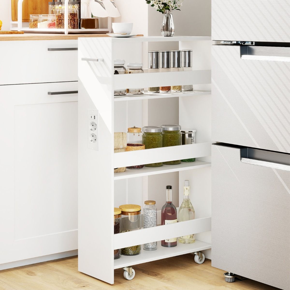 Coast Smalle Opbergkar - 4-laags verrijdbare keukenkar - met oplaadstation - wit 47,5 x 20 x 80,5 cm
