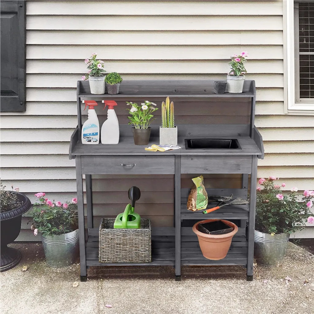 Yaheetech Oppottafel met Spoelbak 114,8 x 45 x 121 cm - Grijs - Houten Planttafel met Lade en Verstelbare Plank