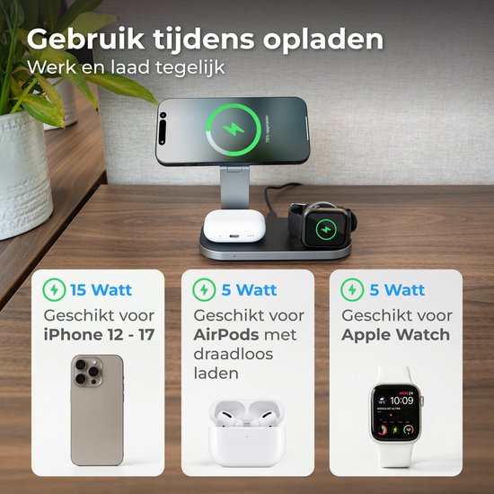 Nuvance Draadloze Oplader - 3 in 1 - 15W - Oplaadstation - Snellader - Wireless Charger - Geschikt voor Apple Smartwatch & Oortjes