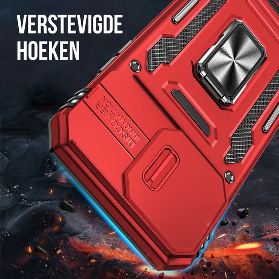 Podec Hoesje geschikt voor iPhone 11 Pro Rood Telefoonhoesje - Anti-Shock Case Cover Hybrid Armor Hoes met Kickstand Ring met Screenprotector