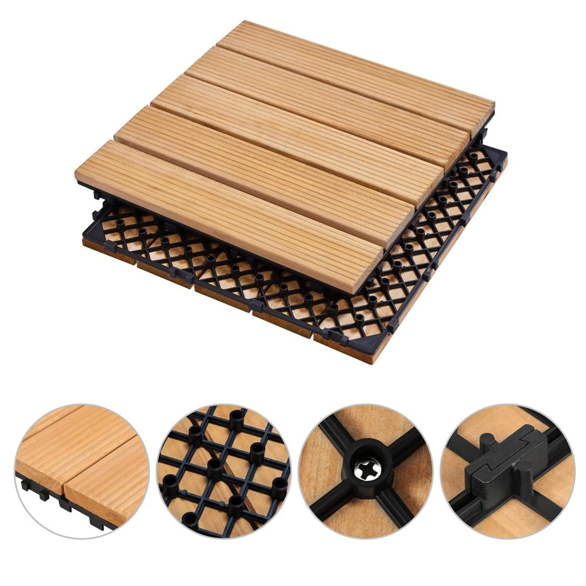Yaheetech Kliktegels Hout 11 Stuks – 1 m² – Voorzien Van Parallelle Groeven En Verhoogd Drainagesysteem En Eenvoudig Stecksystem – Voor Balkon Terras En Zwembad – Naturel Sparrenhout En PP – 30 x 30 x 2,2 cm