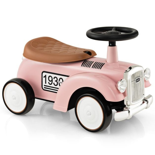 Retro Kinderspeelauto Functioneel Stuur Opbergruimte Onder de Stoel Grote EVA Wielen Loopauto op Vloerhoogte met Leuke Stickers Roze