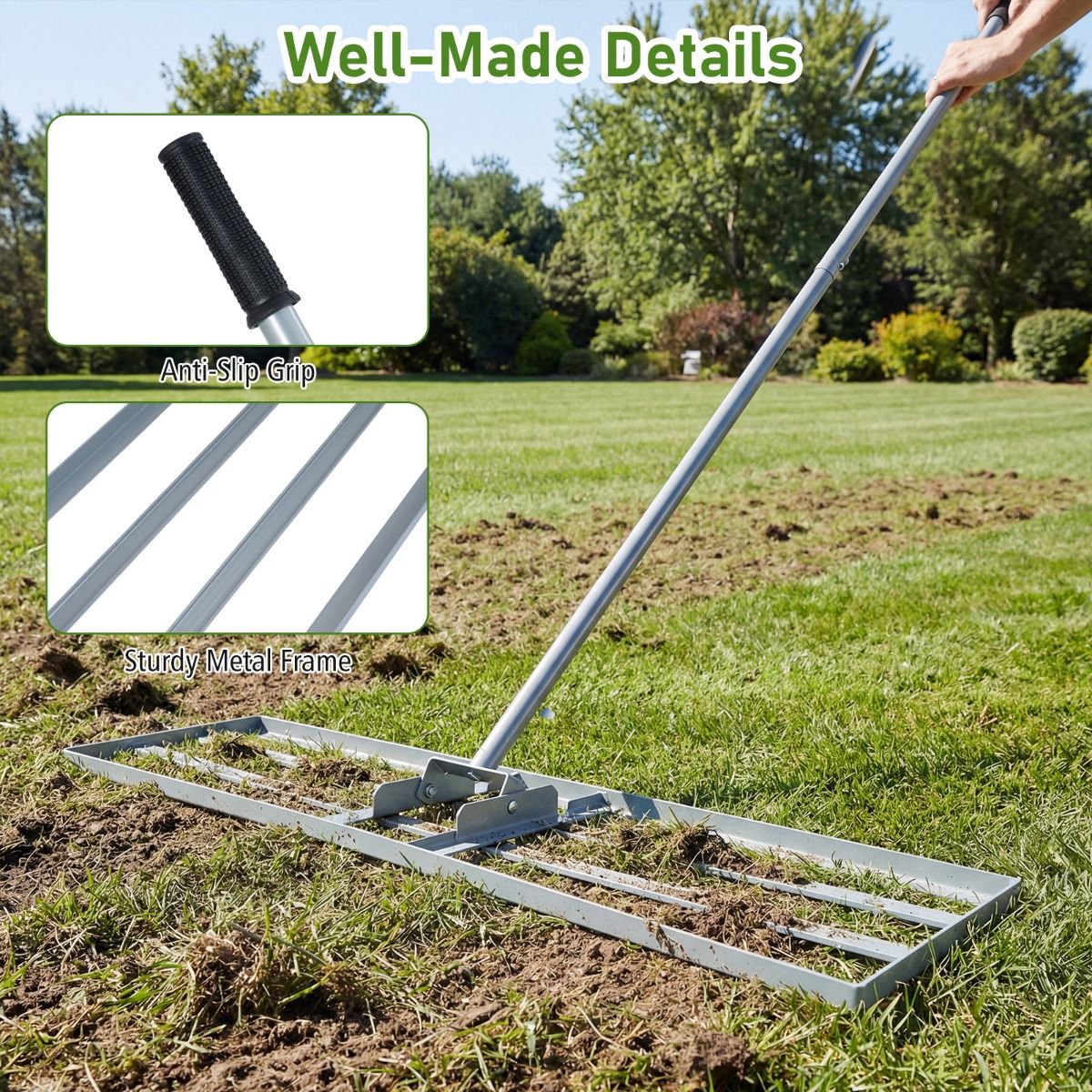 Coast Egaliseerhark voor Gazon 91 x 25 cm - Ergonomisch Handvat 170 cm - Zilver