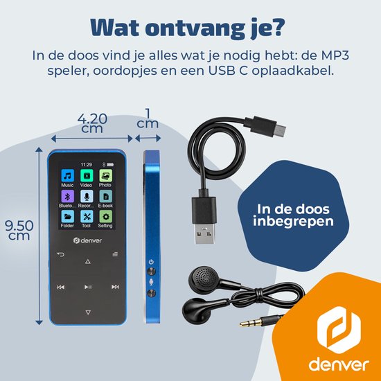 Denver MP3/MP4 Speler - Bluetooth - Shuffle/Herhaal - SD kaart tot 128GB - Incl. oordopjes - Dictafoon - MP1830BU - Blauw