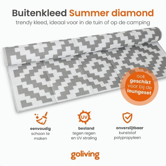 Goliving Buitenkleed Summer Diamond – Tuintapijt – Buitentapijt – Vloerkleed – Tuinkleed – Omkeerbaar – Incl. Draagtas – 183 x 290 cm – Grijs/Wit