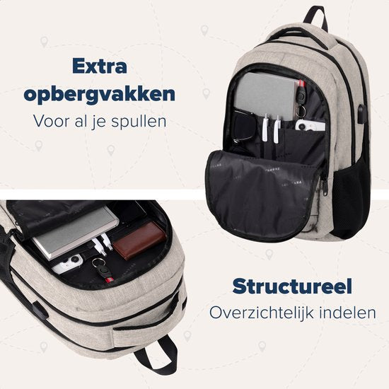 TRVLMORE Rugzak met Levenslange - Rugtas met 15,6 Inch Laptopvak - Schooltas - Spatwaterdicht - Heren en Dames - Jongens en Meisjes - 28L - Champagne
