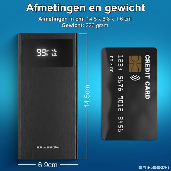 Erikssøn Core Pro Charge Powerbank - 10.000 mAh - 22.5W Snellader - USB-A/USB-C - LED Indicatie - Universele Powerbank geschikt voor o.a. iOS/Android