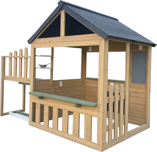 AXI Lizz Speelhuis Bruin/antraciet – Houten Speelhuisje met Speelkeuken, Krijtbord, Spiegel, Bloempotten en accessoires – FSC hout – Tuinhuisje voor Kinderen – 10 jaar garantie
