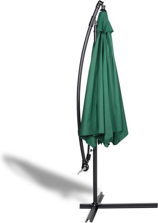 909 OUTDOOR Hangende parasol in donkergroen 2.5 m hoog, Tuinparasol met stalenframe en hoes, Parasol met zwengelgreep en kantelfunctie, Diameter 300 cm