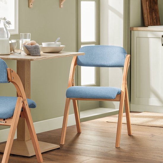SoBuy Houten Klapstoel met Gestoffeerd Zitkussen, Bureaustoel, Eetkamerstoel, Natuur/Blauw, 47.5x77x59 cm, FST92-BL - voor eetkamer, balkon of kantoor