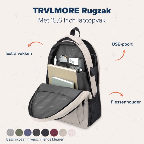 TRVLMORE Rugzak met Levenslange - Rugtas met 15,6 Inch Laptopvak - Schooltas - Spatwaterdicht - Heren en Dames - Jongens en Meisjes - 28L - Champagne