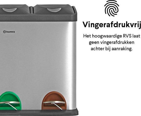 Homra Stephs Prullenbak Afvalscheiding 45 Liter - RVS Prullenbak 3 vakken - Trio Prullenbak 3 X 15 Liter - Pedaalemmer - Vuilnisbak voor huishouden en kantoor - Recycle Vuilbak keuken Afvalemmer - Afvalscheidingsprullenbakken