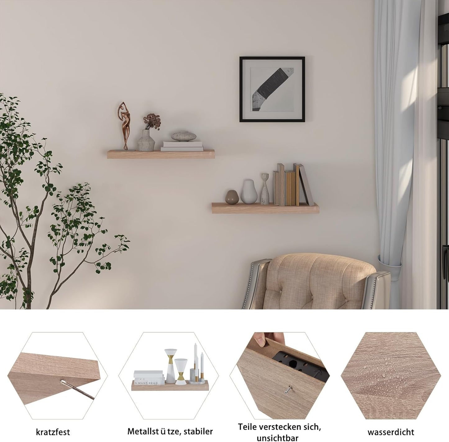 Eugad Wandplank 80 x 22,9 x 3,8 cm - Zwevende Boekenplank van Hout in Eikenlook - Retro Design