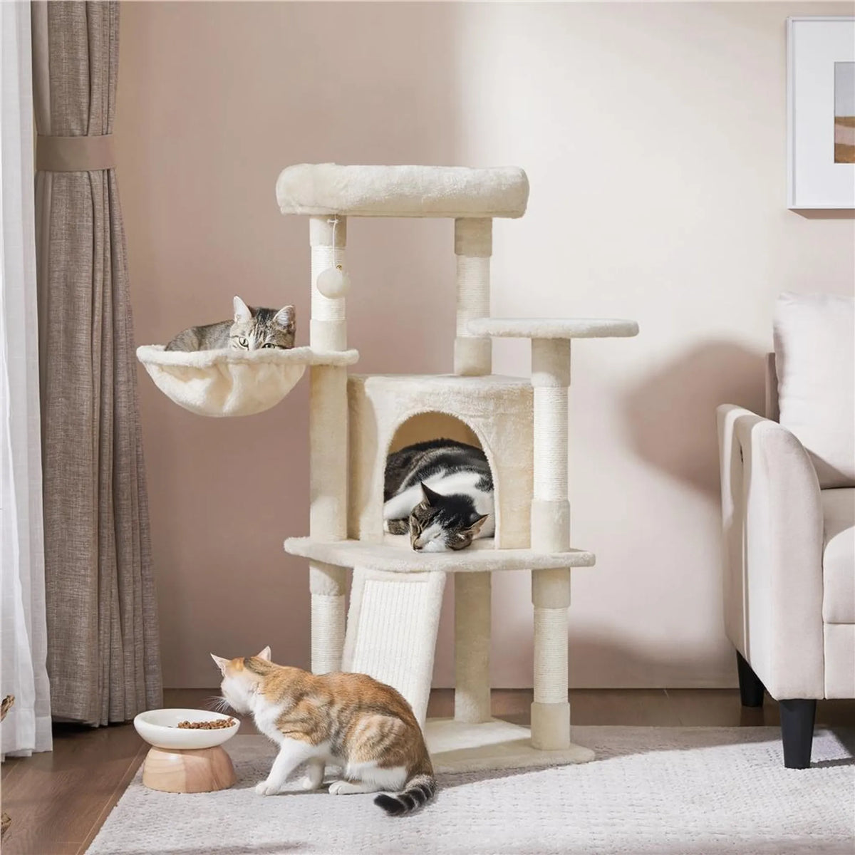 Yaheetech Krabpaal Middelgroot – 43,5 x 43,5 x 106 cm – Voorzien Van Royaal Uitkijkplatform En Hangmat En Kattenmand Met 5 Sisalpalen – Voor Kittens En Middelgrote Katten – Beige Pluche En Spaanplaat