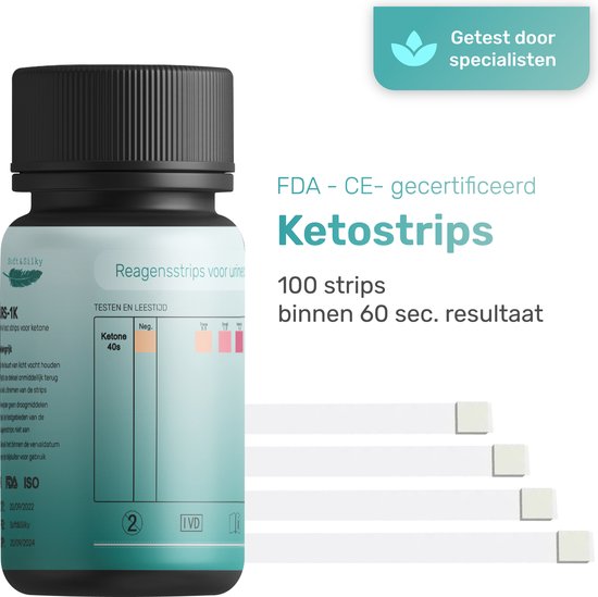Ketonentest - 100 strips - Keto - Dieet - URS-1K - FDA Keurmerk - Ketose - Urine - Test - Strips - Meter - Ketonen