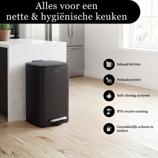 Bayt Prullenbak - Prullenbak 60 Liter - Pedaalemmer 60 Liter - Vuilnisbak 60 Liter - Afvalbak - RVS - Zwart