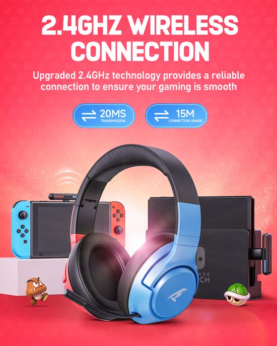 Kofire × CINPUSEN CG-01 - Draadloze Gaming Headset - Over ear koptelefoon - Met microfoon - PC/PS4/PS5/Nintendo Switch - Blauw rood