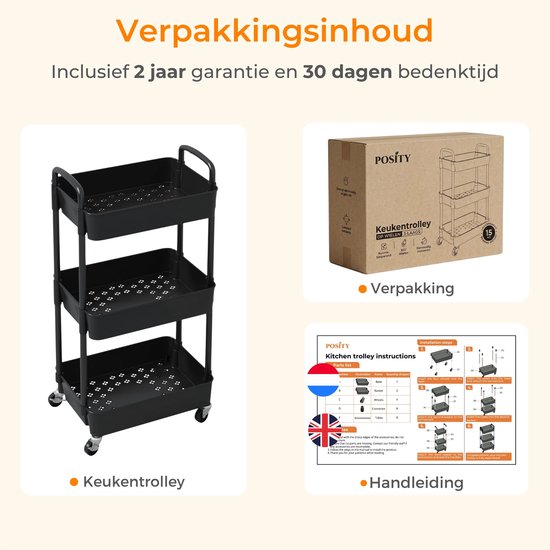 Posity Keukentrolley op wieltjes – Serveerwagen / Opbergtrolley / Keukenrek / Trolley Keuken – Verrijdbaar en Vast – 3 Lagen – Kunststof – Zwart