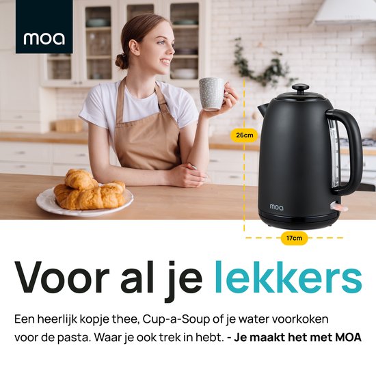 MOA Waterkoker 1,8 Liter - Elektrische Waterkoker - Met Kalkfilter en Anti-Slip - 2200W - Zwart