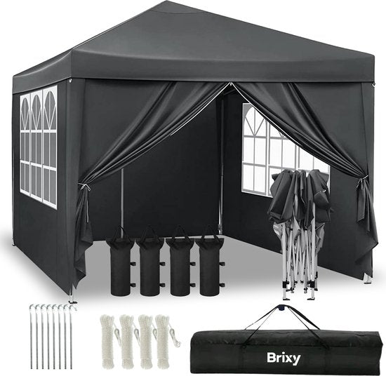 Brixy Partytent - Paviljoen - Easy Up - Opvouwbaar - Zijwanden - Waterdicht - Met Draagtas - 300 x 300 cm – Zwart