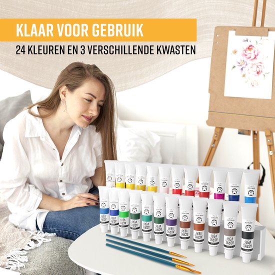 NAPI Acrylverf 24 Kleuren + 3 Penselen - Klaar voor Gebruik - Inclusief Kleurencirkel - Hobbyverf Set - Schilderen Acryl Verf - 24 Tubes