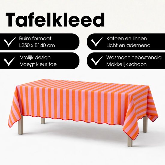 Mica Decorations Gestreept Tafelkleed voor Eettafel - Tafellaken voor Binnen en Buiten 250 x 140 cm - Tafelzeil 100% Katoen - Oranje, Roze