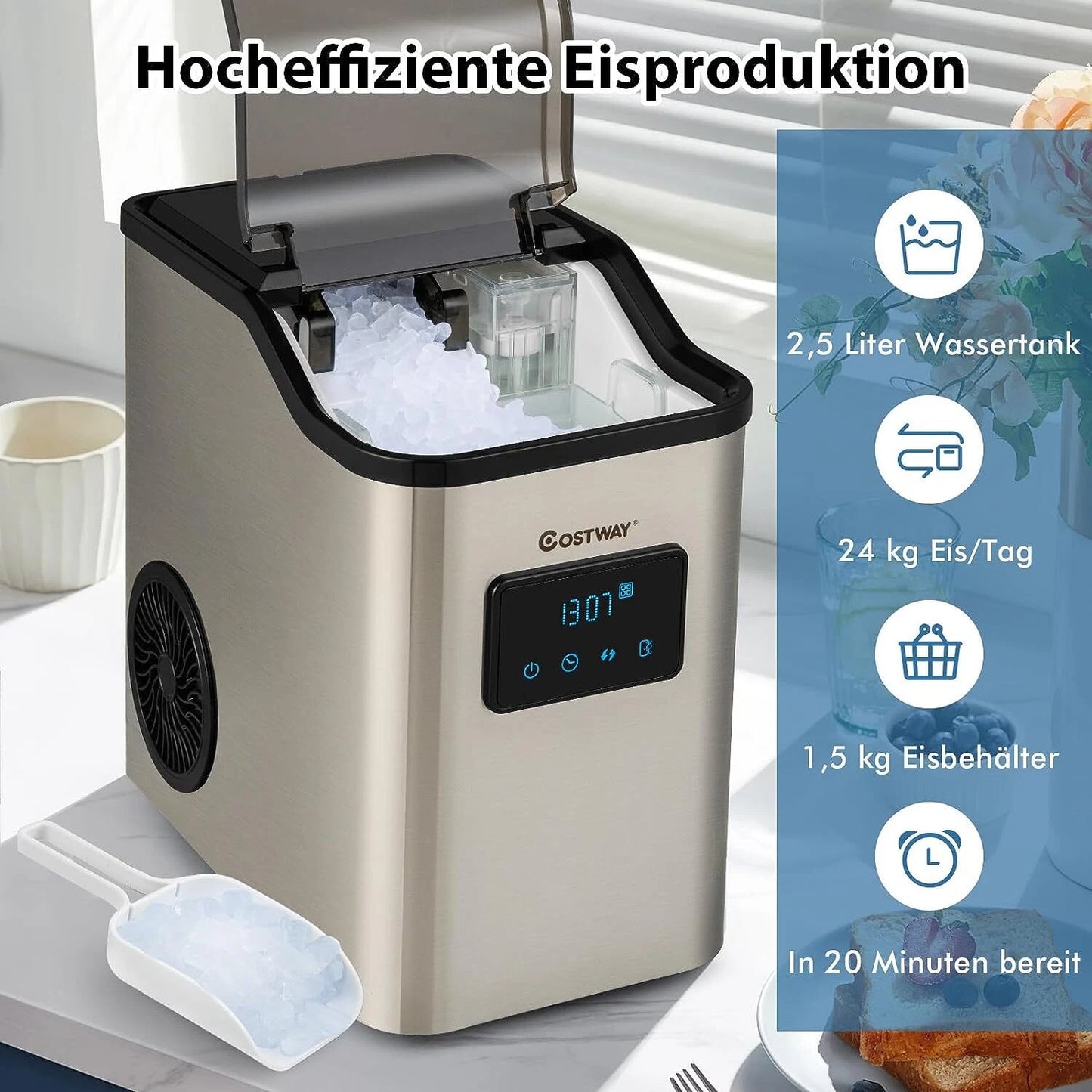Coast Nugget Ijsblokjesmachine - Crushed Ice Maker - 24 kg/dag - 2,5L Watertank - Zilver - 38,5 x 24 x 38 cm