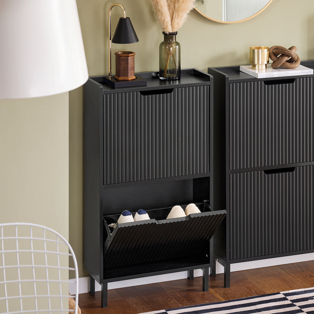 SoBuy FSR177-SCH Schoenenkast met 2 kleppen schoenenkast smal schoenenrek met 4 legplanken schoenencommode schoenenrek zwart
