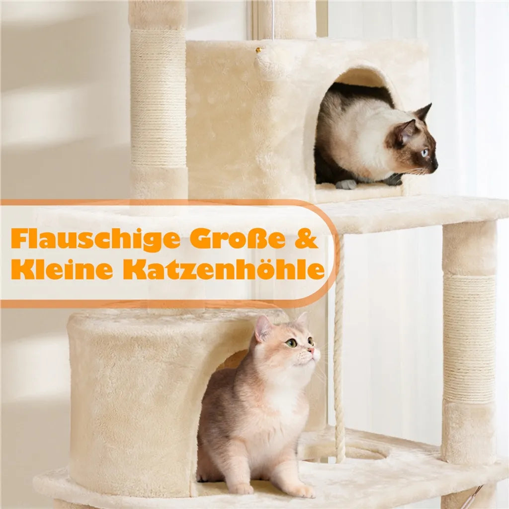 Yaheetech Krabpaal Beige – 158 cm Hoog – Met 2 Platforms, 2 Kattenhuisjes en 5 Sisal Krabpalen