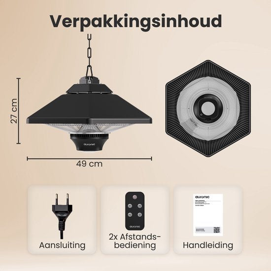 Auronic Terrasverwarmer - Infrarood Verwarming - Hangend - 20m2 - Elektrisch - 2000W - Afstandsbediening - 3 Standen - Zwart