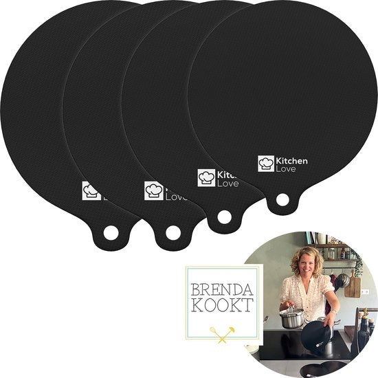 KitchenLove Inductie Beschermer - Mat Rond - 4 Stuks 3 Maten - Panbeschermer Matjes - Hittebestendig tot 240°C - Zwart