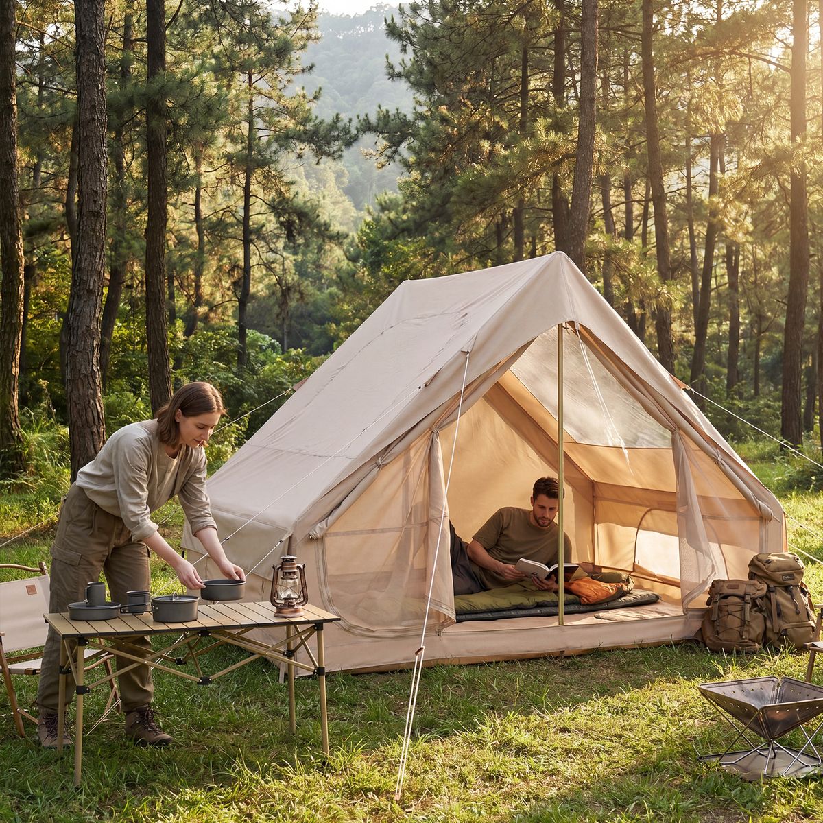 Coast Opblaasbare Kampeertent - 4 personen - 2 deuren en dakraam - kaki - 295 x 205 x 200 cm