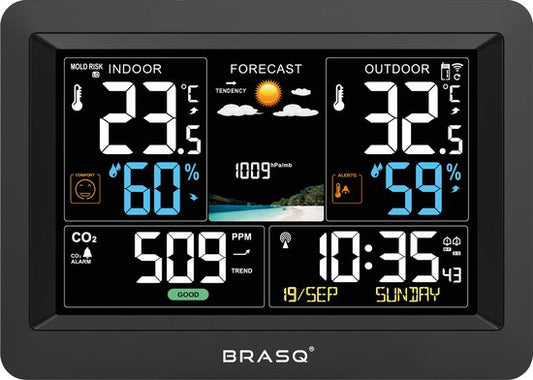 BRASQ Draadloos Weerstation binnen en buiten met CO2 meter - Hygrometer - Met buitensensor tot 60 meter - Luchtvochtigheidsmeter - Thermometer - Barometer - inclusief batterijen