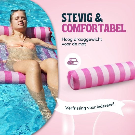 Travelly Luxe Waterhangmat – Voorzien Van Comfortabele Hoofdsteun En Zachte Gevoerde Bodem En Snel Ventielsysteem – Voor Zwembad En Strand – Roze PVC En Polyester – 126 x 66 cm