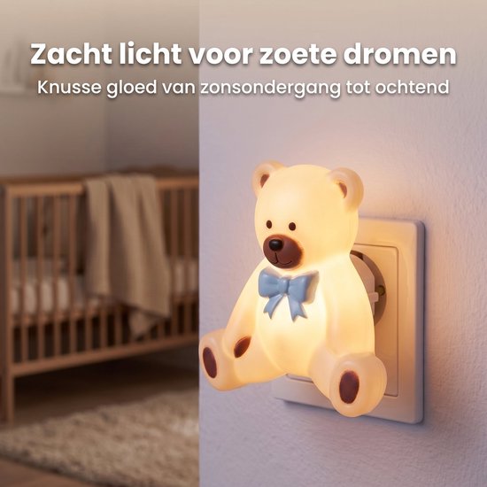 Cheqo® Nachtlampje Kinderen voor Kinderkamer en Babykamer - Baby Nachtlamp Beer Beertje - Stopcontact Lamp - LED Nachtlicht voor Slaapkamer - Stekkerlampje Dier Sfeerlampje - Warm Wit Stopcontactlampje voor Kind en Kindje