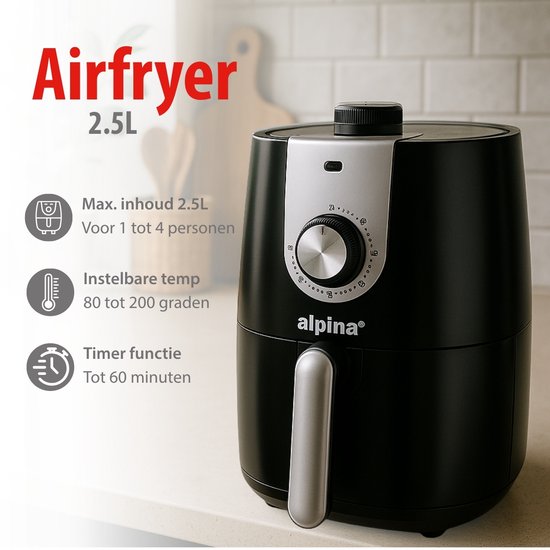 alpina Airfryer 2L - Heteluchtfriteuse 1-4 Personen - Air Fryer met Timer - Instelbare Temperatuur 80 tot 200 Graden - met Timer Functie - Heteluchtoven 900W