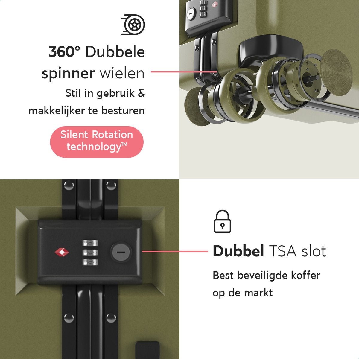 ONYX Handbagage koffer 33L - TSA slot - Spinner wielen - Lichtgewicht Trolley - Aluminium sluiting - Olive groen